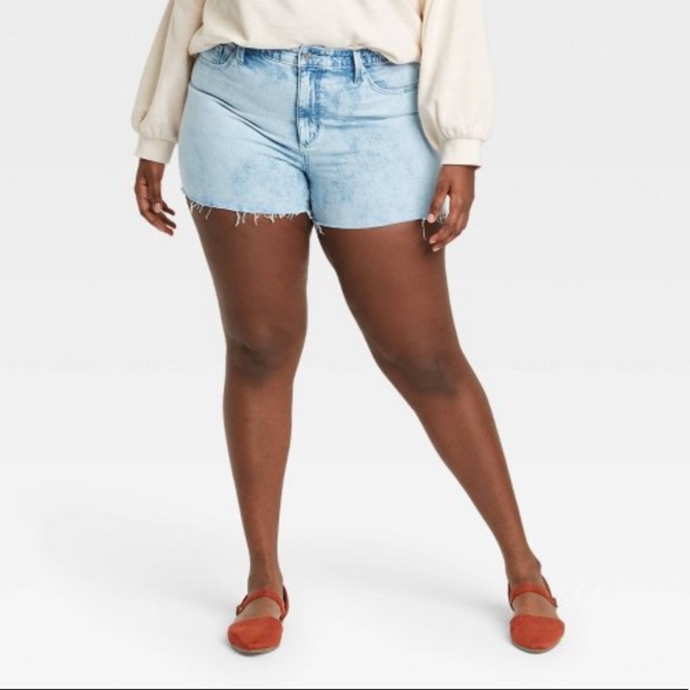 Plus Size Light Wash Frayed High Rise Jean Shorts